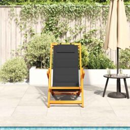 Berkfield Home Folding Beach Chair with Armrests Black Acacia Wood & Textilene - thumbnail 3