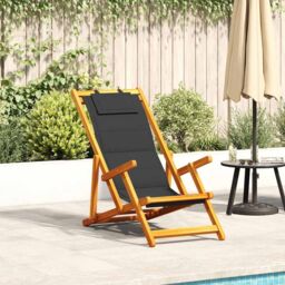 Berkfield Home Folding Beach Chair with Armrests Black Acacia Wood & Textilene - thumbnail 1