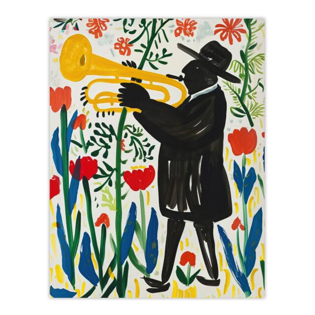 "Artery8 Jazz Trombonist in Tulips Painting Fun Colourful Wall Art Print - Size: W18"" x H24""" - image 1