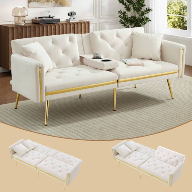 BTM Two seater sofa bed with adjustable backrest & cup holders in White - image 1