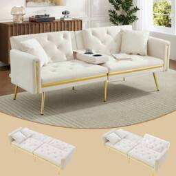 BTM Two seater sofa bed with adjustable backrest & cup holders in White