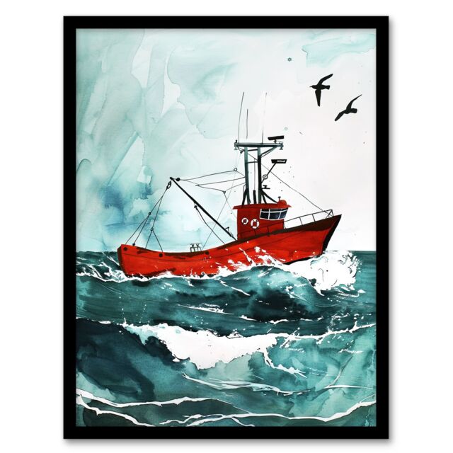 Artery8 Red Fishing Boat at Sea Nautical Watercolour Framed Art Print in Blue - Size: A4 - image 1