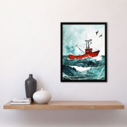Artery8 Red Fishing Boat at Sea Nautical Watercolour Framed Art Print in Blue - Size: A4 - thumbnail 4