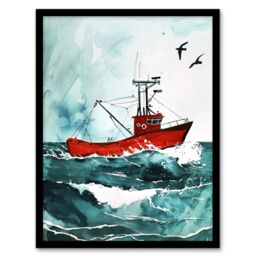 Artery8 Red Fishing Boat at Sea Nautical Watercolour Framed Art Print in Blue - Size: A4 - thumbnail 1