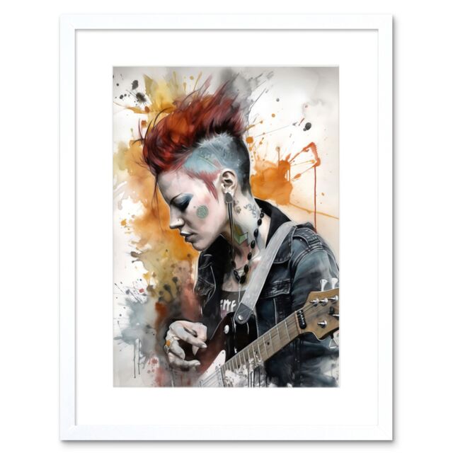 "Artery8 Wall Art Print Edgy Young Punk Woman with Mohawk & Electric Guitar Modern Watercolour Painting Artwork Framed 9X7 Inch - Size: W7"" x H9""" - image 1