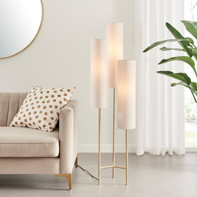 FurnitureboxUK Suri Brass Plated Boho Triple Floor Lamp 3 With White Shades in Gold - image 1