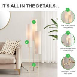 FurnitureboxUK Suri Brass Plated Boho Triple Floor Lamp 3 With White Shades in Gold - thumbnail 6