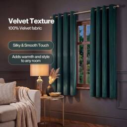 VOGREX Green Velvet Thermal Blackout Eyelet Curtains 46x54in - thumbnail 6