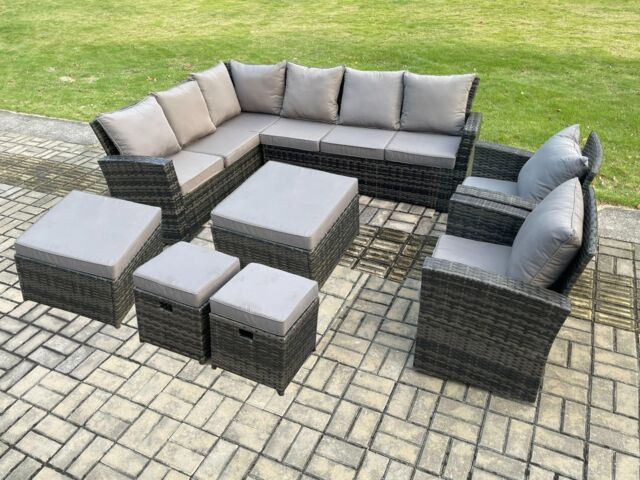 Fimous 12 Seat Rattan Garden Furniture Corner Sofa Set Outdoor Patio Sofa Chair Table Set in Dark Grey - image 1