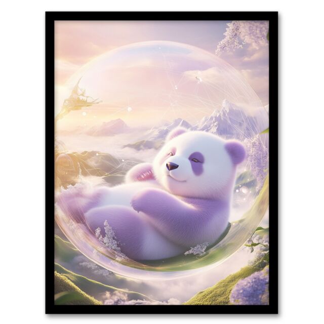 Artery8 Purple Baby Panda Bear in Bubble Fantasy Art Framed Art Print - Size: A4 - image 1