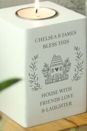 Personalised Memento Company Personalised HOME Wooden Tealight Holder in White - thumbnail 1