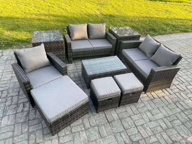 Fimous Rattan Garden Furniture Set 8 Seater Patio Outdoor Lounge Sofa Chair Set with Rectangular Coffee Table 3 Footstools 2 Side Tables in Dark Grey
