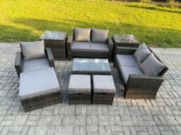 Fimous Rattan Garden Furniture Set 8 Seater Patio Outdoor Lounge Sofa Chair Set with Rectangular Coffee Table 3 Footstools 2 Side Tables in Dark Grey - thumbnail 2