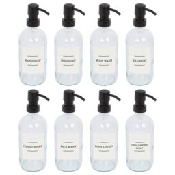 Harbour Housewares Glass Soap Dispensers with Labels - 500ml - White - Pack of 8 in Clear