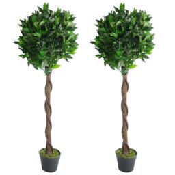 Leaf Pair of 120cm (4ft) Twist Natural Artificial Topiary Bay Laurel Ball Trees in Green - Size: 120 cm - thumbnail 2