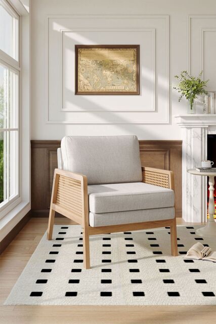 Living and Home Upholstered Wooden Side Rattan Armchair With Cushion Beige - image 1