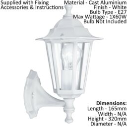 Loops 2 PACK IP44 Outdoor Wall Light White Aluminium Lantern 60W E27 Porch Lamp Up - thumbnail 2