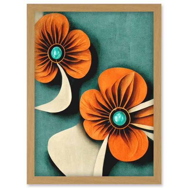 Artery8 Abstract Papercut Orange & Cream Flowers On Teal Artwork Framed Wall Art Print A4 in Light Oak - image 1