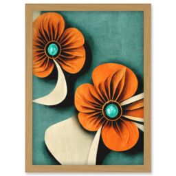 Artery8 Abstract Papercut Orange & Cream Flowers On Teal Artwork Framed Wall Art Print A4 in Light Oak - thumbnail 1