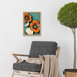 Artery8 Abstract Papercut Orange & Cream Flowers On Teal Artwork Framed Wall Art Print A4 in Light Oak - thumbnail 2