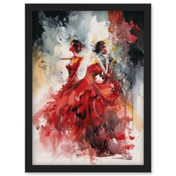 Artery8 Flamenco Music Female Dancers Dancing on Stage in Red Dresses Modern Watercolour Painting Artwork Framed Wall Art Print A4 in Black - thumbnail 1