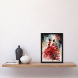 Artery8 Flamenco Music Female Dancers Dancing on Stage in Red Dresses Modern Watercolour Painting Artwork Framed Wall Art Print A4 in Black - thumbnail 2