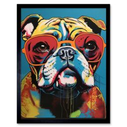 "Artery8 Wall Art Print English Bulldog Wearing Sunglasses Modern Pop Art Framed in Black - Size: W12"" x H16""" - thumbnail 1
