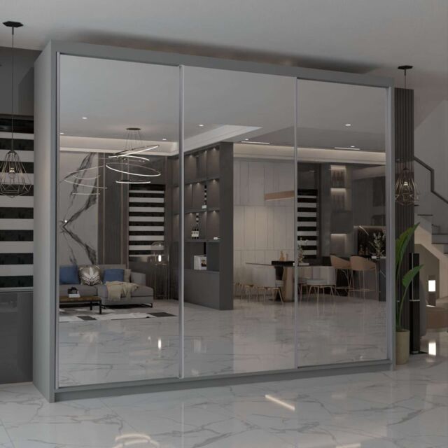 MN Furniture Cuba Sliding Mirror Wardrobe - LED Light 250cm x 217cm in Grey - Size: 250 cm x 217 cm - image 1