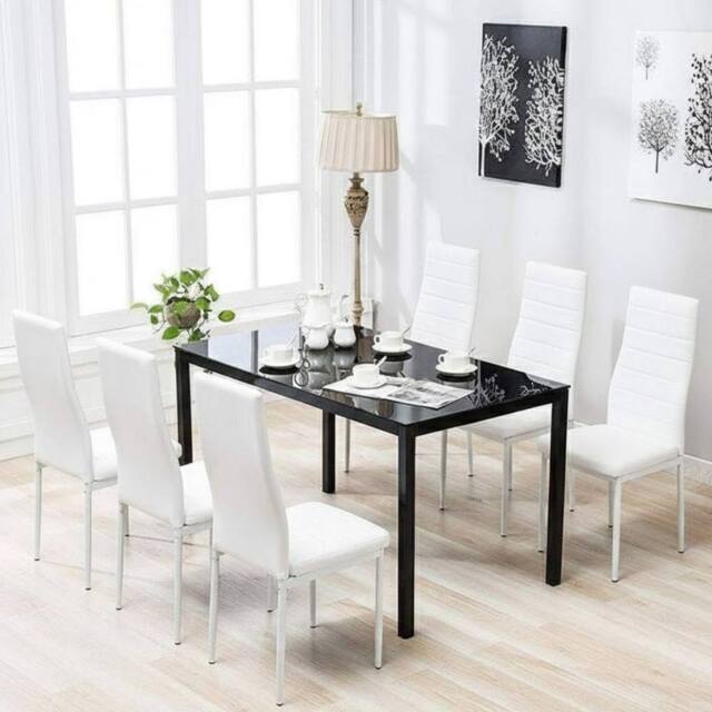 KOSY KOALA Black Glass Dining Table With Set of 6 White Faux Leather Chairs - image 1