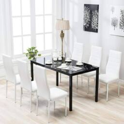KOSY KOALA Black Glass Dining Table With Set of 6 White Faux Leather Chairs - thumbnail 1