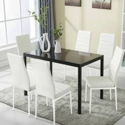 KOSY KOALA Black Glass Dining Table With Set of 6 White Faux Leather Chairs - thumbnail 2