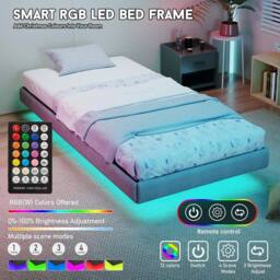 NESTLUNE Bed Frame LED Lights Heavy Duty Steel Slat Platform Bed in Grey - Size: Single - thumbnail 5