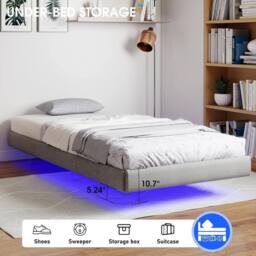 NESTLUNE Bed Frame LED Lights Heavy Duty Steel Slat Platform Bed in Grey - Size: Single - thumbnail 3