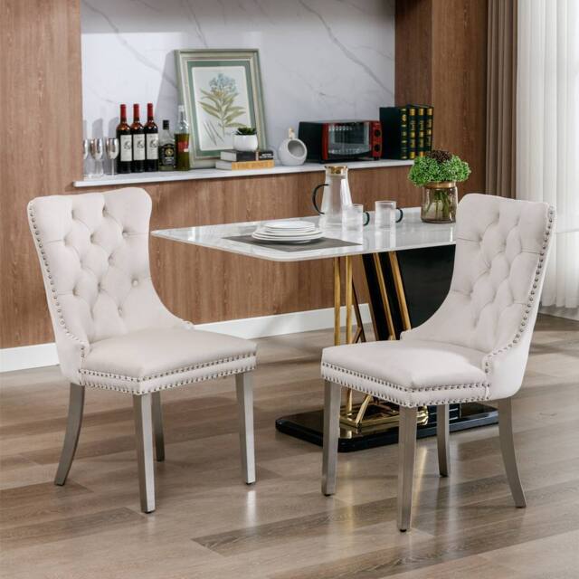 Modern Home Touch Winchester Set of 2 Velvet Upholstered Kitchen Dining Chairs with Sliver Chrome Legs in Beige - Size: 2 Pack - image 1