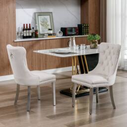 Modern Home Touch Winchester Set of 2 Velvet Upholstered Kitchen Dining Chairs with Sliver Chrome Legs in Beige - Size: 2 Pack - thumbnail 2