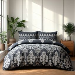 Snug City Duvet Cover & Pillowcase Set Stripe & Floral Polycotton Bed Linen in Black - Size: Super King