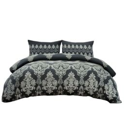 Snug City Duvet Cover & Pillowcase Set Stripe & Floral Polycotton Bed Linen in Black - Size: Super King - thumbnail 2