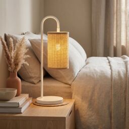 Happy Homewares Vintage Classic White Gloss Table Lamp with Tubular Woven Rattan Shade - thumbnail 6