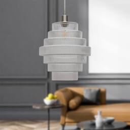 First Choice Lighting Set of 2 Benson - Tier Large Glass Satin Nickel Ceiling Pendant Light in Clear - thumbnail 4