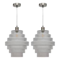 First Choice Lighting Set of 2 Benson - Tier Large Glass Satin Nickel Ceiling Pendant Light in Clear - thumbnail 1