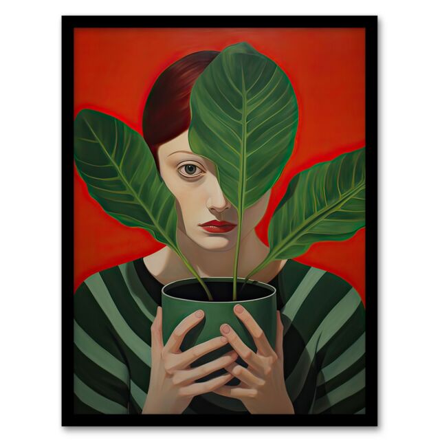 Artery8 Wall Art Print Gift of Calathea Woman Plant Portrait Green & Red Framed - Size: A4 - image 1