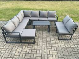Fimous Aluminium 10 Seater Patio Outdoor Garden Furniture Lounge Corner Sofa Set with Oblong Coffee Table with Big Footstool Dark Grey - thumbnail 2