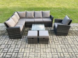 Fimous 9 Seater Outdoor Furniture Garden Dining Set Rattan Corner Sofa Set with Square Coffee Table 2 Small Footstools Dark Grey Mixed - thumbnail 2