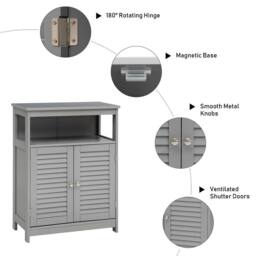 Costway Bathroom Floor Cabinet Wooden Storage Cupboard w/ Adjustable Shelf in Grey - thumbnail 9