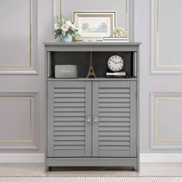 Costway Bathroom Floor Cabinet Wooden Storage Cupboard w/ Adjustable Shelf in Grey - thumbnail 3
