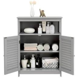Costway Bathroom Floor Cabinet Wooden Storage Cupboard w/ Adjustable Shelf in Grey - thumbnail 8