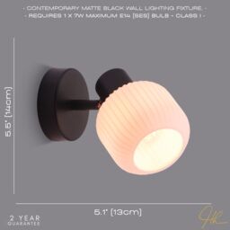 Happy Homewares Modern Designer Matte Black Adjustable Wall Light with White Ribbed Glass Shade - thumbnail 6