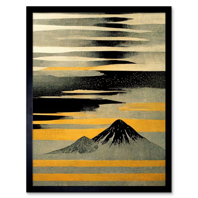 "Artery8 Wall Art Print Modern Simple Mount Fuji Painting in Silver Grey Black Gold Art Framed - Size: W12"" x H16""" - image 1