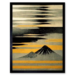 "Artery8 Wall Art Print Modern Simple Mount Fuji Painting in Silver Grey Black Gold Art Framed - Size: W12"" x H16""" - thumbnail 1