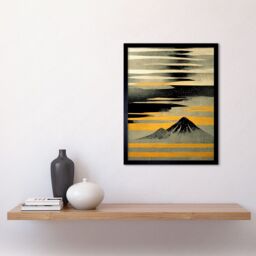 "Artery8 Wall Art Print Modern Simple Mount Fuji Painting in Silver Grey Black Gold Art Framed - Size: W12"" x H16""" - thumbnail 2